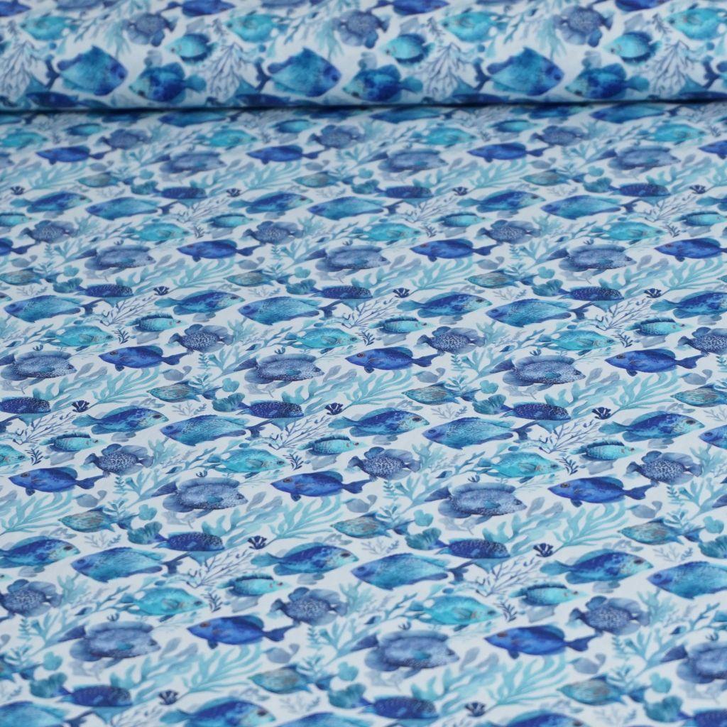 Preview: Baumwollstoff Motivdruck Fische blau türkis